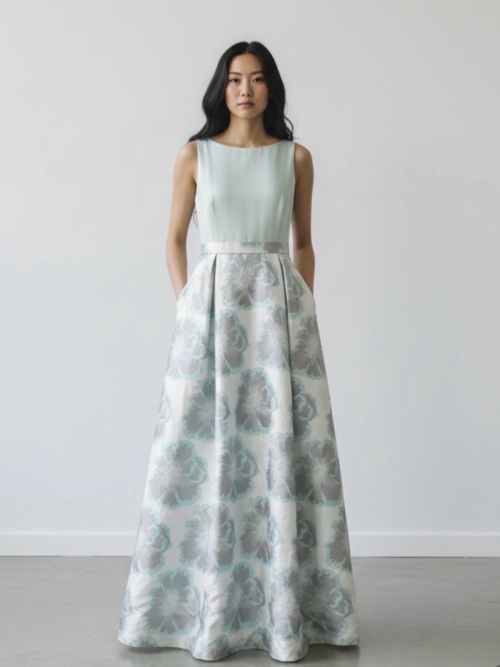 Aidan Mattox ice blue & silver taffeta Jacquard maxi full length gown - pockets!